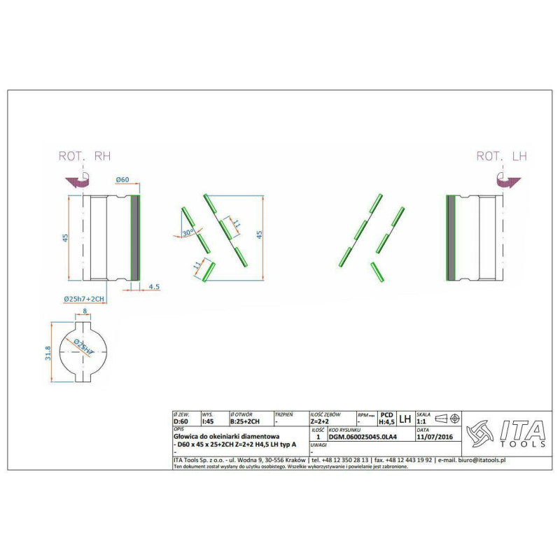 DGM.060025045.0LA4 Głowica DIA D-60 l-45 d-25+2CH Z-2+2 (12) H-4,5 LH bez podfrezowania ITA TOOLS