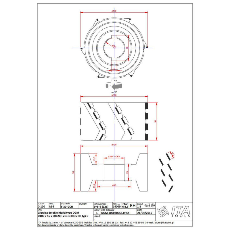 DGM.100030056.0RC4 Głowica DIA D-100 l-56 d-30+2CH Z-3+3 H-4,5 RH podfrezowanie obustronne ITA TOOLS