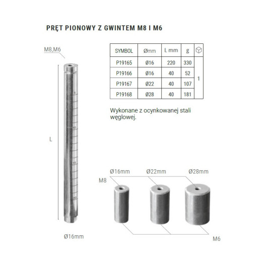 Pręt do stołu spawaliniczego D-16 L-220 gwint M8M6, stal ocynkowana - PIHER P19165