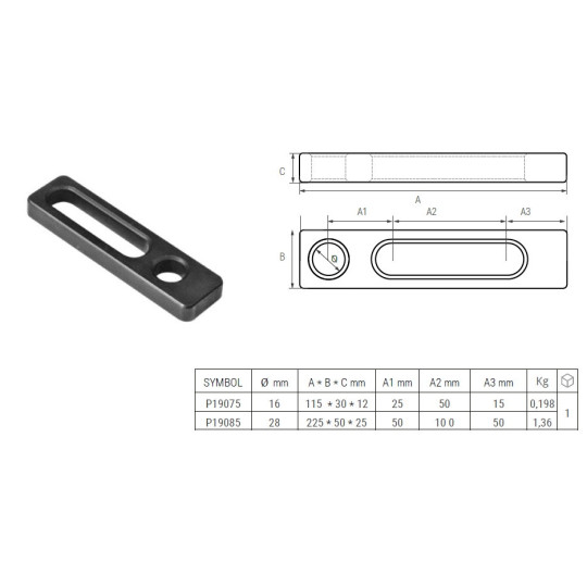 Ogranicznik do stołów spawalniczych 16 mm 115x30x12 PIHER P19075 Ogranicznik do stołów spawalniczych 16 mm 115x30x12 PIHER P19075
