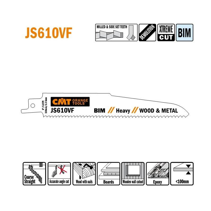 JS610VF-5 Piła szablasta L 150 I 130 H 22 K 1,60 TS 3,2-5 5 szt. CMT