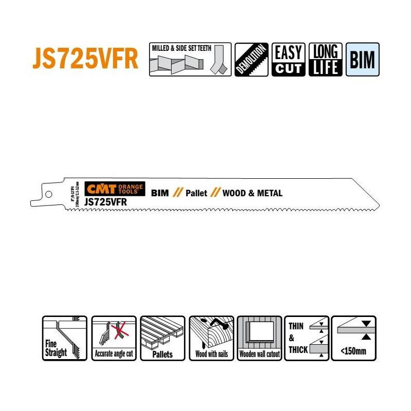JS725VFR-5 Piła szablasta L 200 I 180 H 19 K 1,27 TS 2,1-3,2 5 szt. CMT